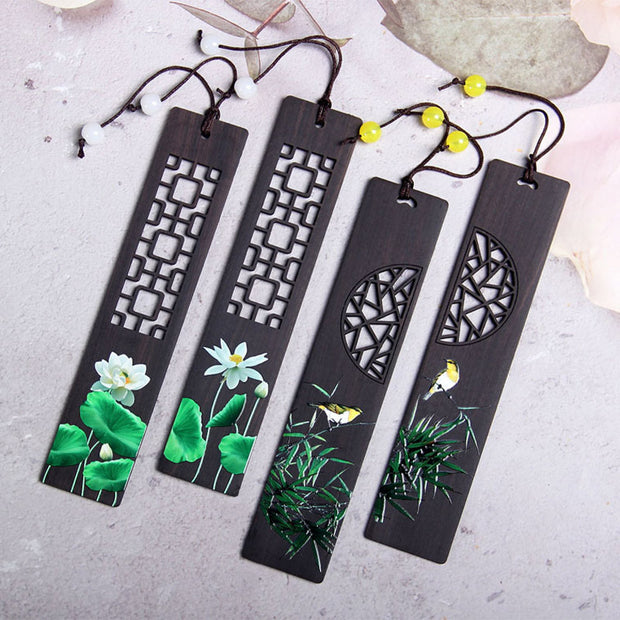 Buddha Stones Green Lotus Bamboo Oriole Ebony Wood Bookmarks With Gift Box Bookmarks BS 7