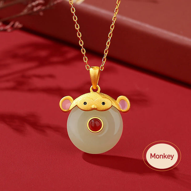 Buddha Stones 925 Sterling Silver Hetian Jade Chinese Zodiac Year of the Dragon Red Agate Luck Protection Necklace Pendant Necklaces & Pendants BS Monkey