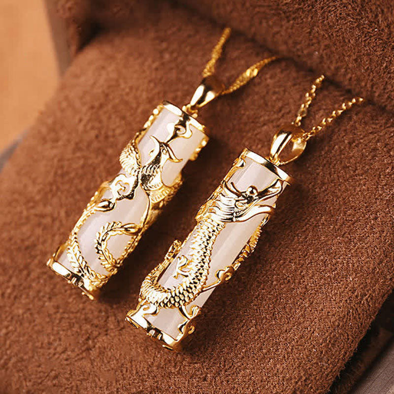 Buddha Stones Jade Dragon Phoenix Copper Blessing Harmony Necklace