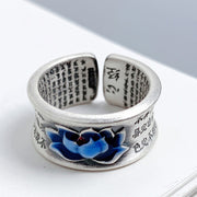 Buddha Stones Blue Lotus Flower Heart Sutra Engraved Pattern Enlightenment Ring Ring BS 4