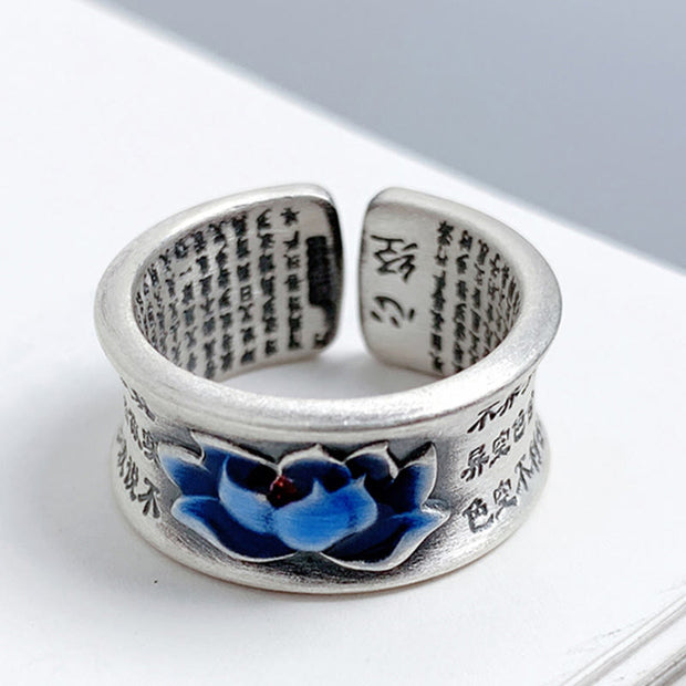 Buddha Stones Blue Lotus Flower Heart Sutra Engraved Pattern Enlightenment Ring Ring BS 4