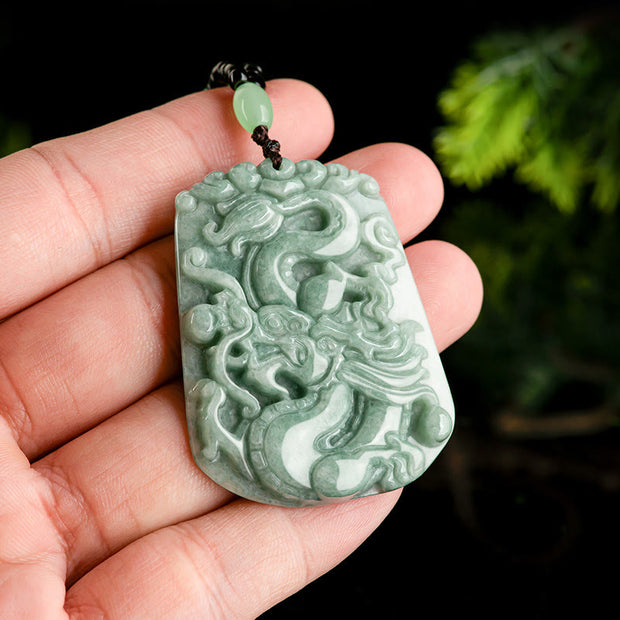 Buddha Stones Year Of The Dragon Chinese Zodiac Dragon Soaring Jade Protection Bead Chain Necklace Pendant