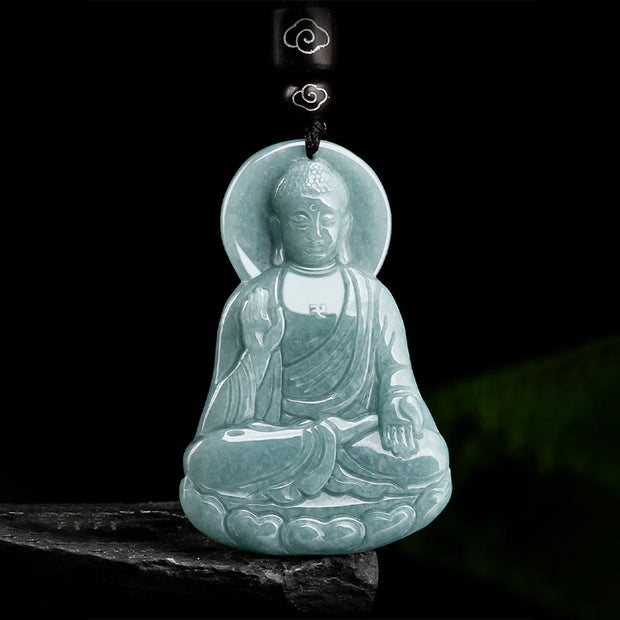 Buddha Stones Amitabha Buddha Natural Jade Lotus Amulet Compassion String Necklace Pendant Necklaces & Pendants BS 4