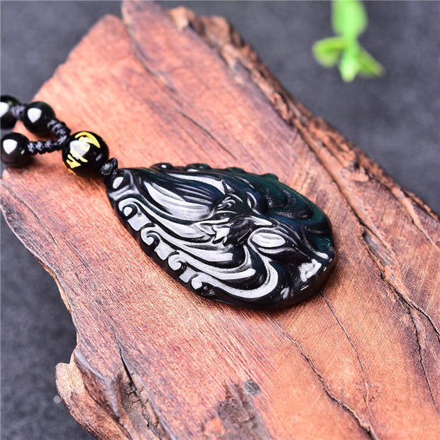 Buddha Stones Natural Rainbow Obsidian Nine Tailed Fox Inner Peace Necklace Beaded String Pendant Necklaces & Pendants BS 4