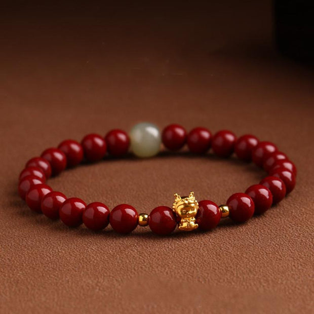 Buddha Stones 999 Gold Year of the Dragon Natural Cinnabar Jade Copper Coin Fu Character Blessing Bracelet Bracelet BS 5
