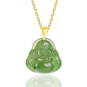 Buddha Stones 925 Sterling Silver 18K Gold Laughing Buddha Cyan Jade Success Healing Necklace Pendant