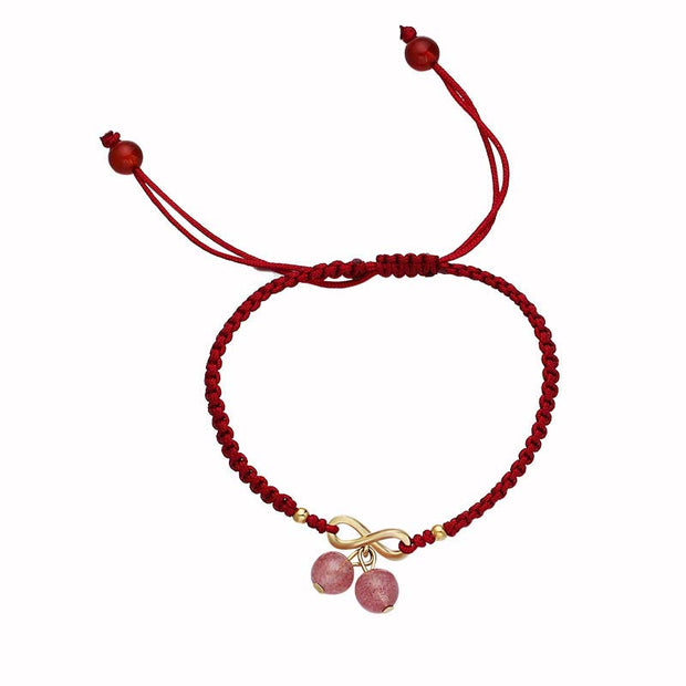 Buddha Stones Strawberry Quartz Crystal Endless Knot Love Healing Red String Weave Bracelet