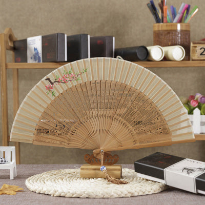 Buddha Stones Vintage Yueyang Tower Buildings Flowers Hollow Engraved Handheld Bamboo Folding Fan