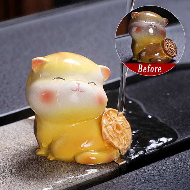 Buddha Stones Color Changing Cute Mini Cat Resin Tea Pet Wealth Home Figurine Decoration Decorations BS Yellow Cat 5.8*5*5.4cm