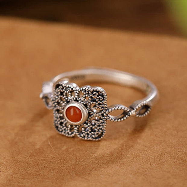Buddha Stones 925 Sterling Silver Square Red Agate Self-acceptance Ring