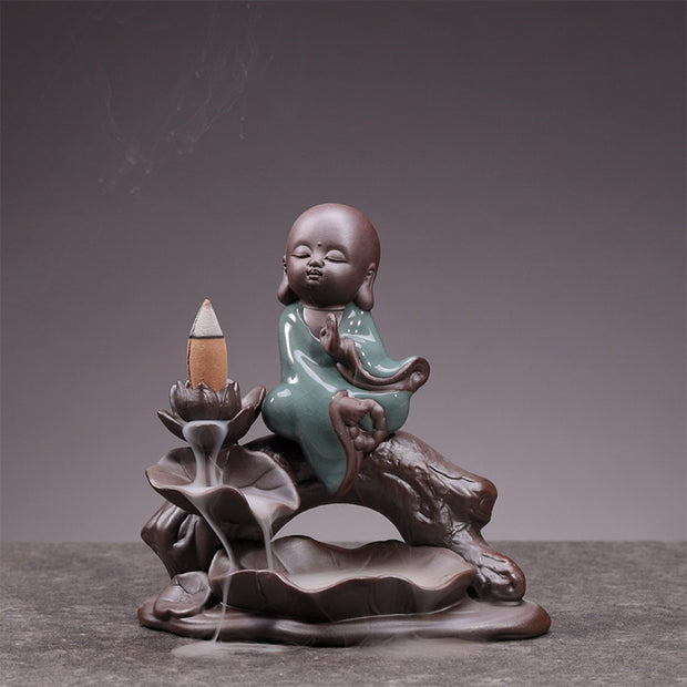 Buddha Stones Little Monk Ceramic Lotus Blessing Incense Burner Decoration Decorations Incense Burner BS 3