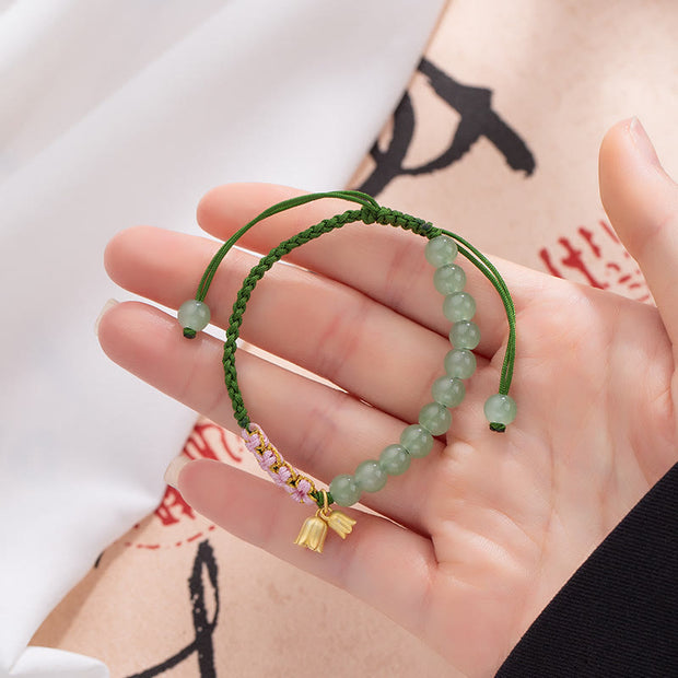 Buddha Stones Handmade Jade Bead Lily of the Valley Charm Luck Braided Bracelet Bracelet BS 3