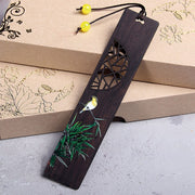Buddha Stones Green Lotus Bamboo Oriole Ebony Wood Bookmarks With Gift Box Bookmarks BS Oriole Bird-2