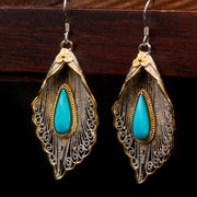 Buddha Stones 925 Sterling Silver Turquoise Bodhi Leaf Pattern Protection Drop Dangle Earrings Earrings BS 6
