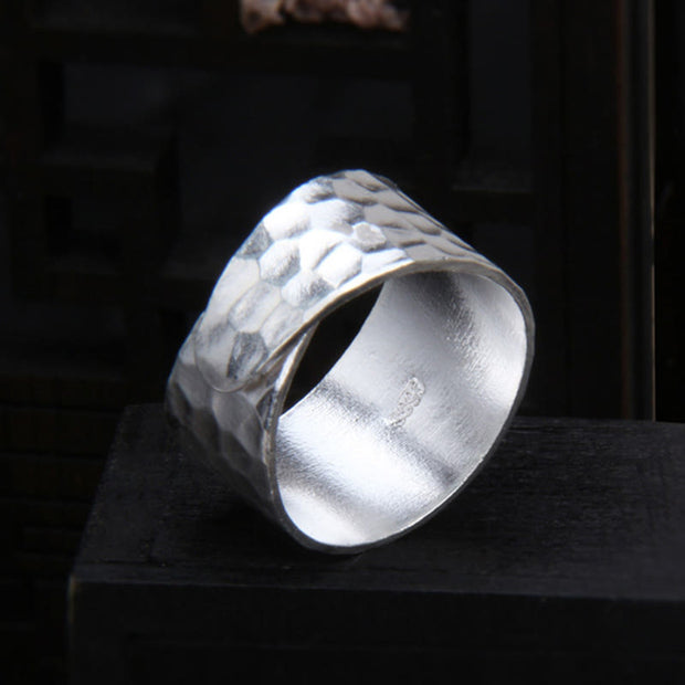 Buddha Stones Tibetan 990 Sterling Silver Handmade Rustic Hammered Pattern Ring Ring BS 3