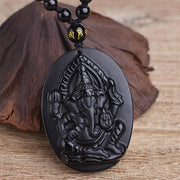 Buddha Stones Tibetan Obsidian Ganesh Ganpati Elephant Wealth Amulet Necklace Necklace BS 4