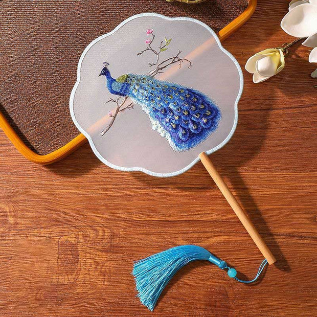 Buddha Stones Butterfly Lotus Flowers Bird Dragonfly Peacock Embroidered Handheld Silk Fan