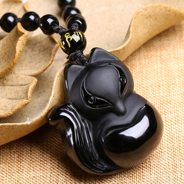 Buddha Stones Natural Black Obsidian Tiger Eye Ice Obsidian Fox Pendant Amulet Necklace Necklaces & Pendants BS 3