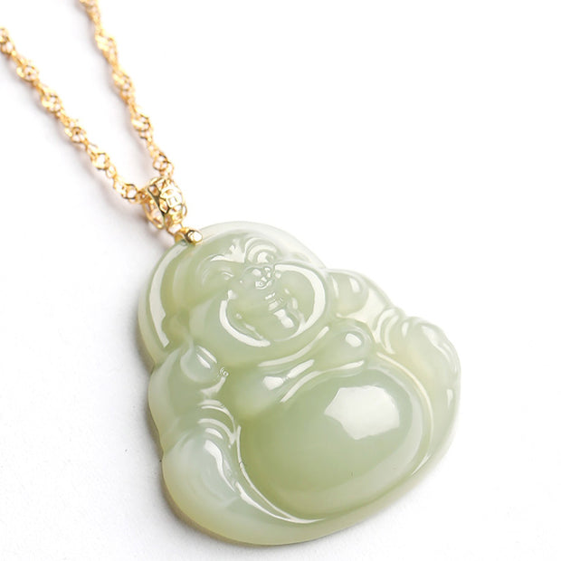 Buddha Stones 925 Sterling Silver Laughing Buddha Cyan Jade 18K Gold Success Necklace Pendant Necklaces & Pendants BS 9