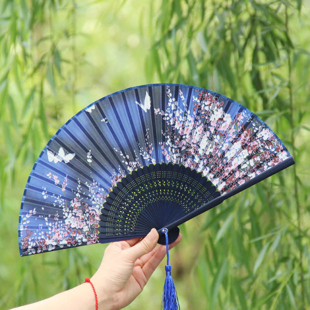 Buddha Stones Butterfly Flowers Handheld Silk Bamboo Folding Fan