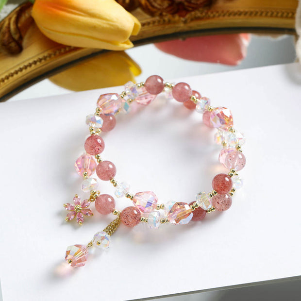 Buddha Stones Strawberry Quartz Zircon Flower Healing Double Wrap Bracelet