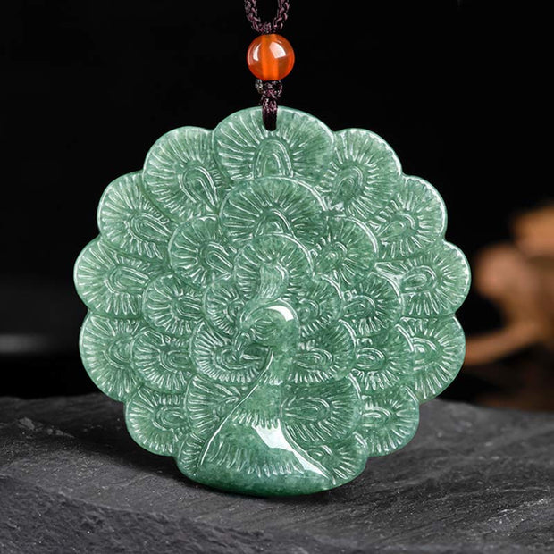 Buddha Stones Natural Jade Peacock Luck Prosperity Necklace Pendant Necklaces & Pendants BS 5