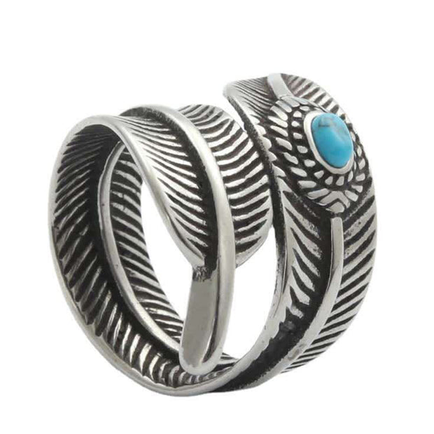 Buddha Stones Turquoise Titanium Steel Feather Wisdom Protection Ring Ring BS 9