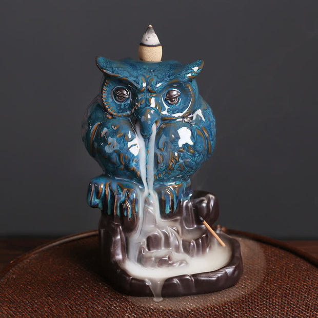 Buddha Stones Cute Owl Ceramic Backflow Smoke Fountain Meditation Healing Incense Burner Decoration