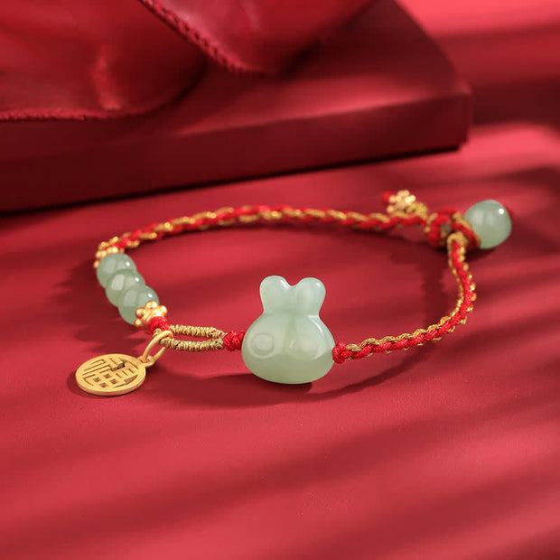 Buddha Stones 925 Sterling Silver Year of the Rabbit Hetian Jade Happiness Luck Red String Bracelet Bracelet BS 6