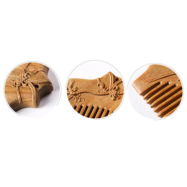 Buddha Stones Green Sandalwood Flower Pattern Engraved Soothing Comb Comb BS 14