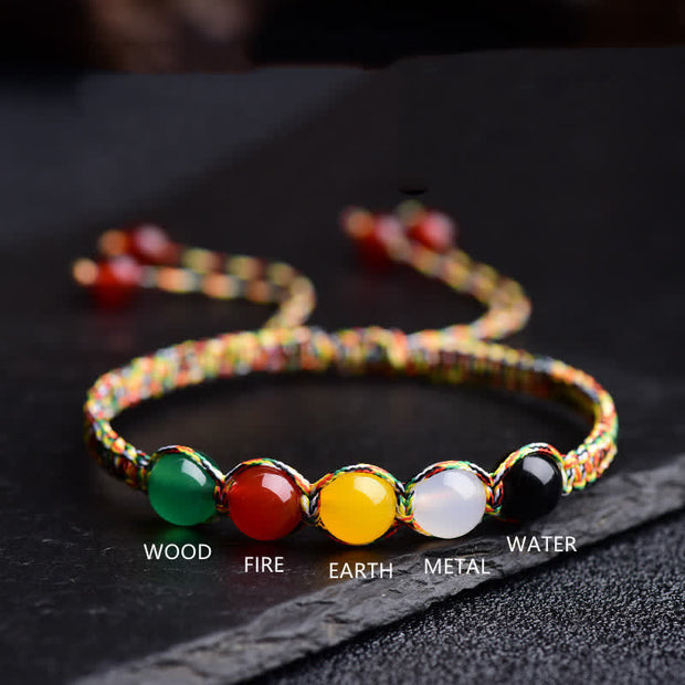 Buddha Stones Colorful Agate Metal Wood Water Fire Earth Five Elements String Bracelet