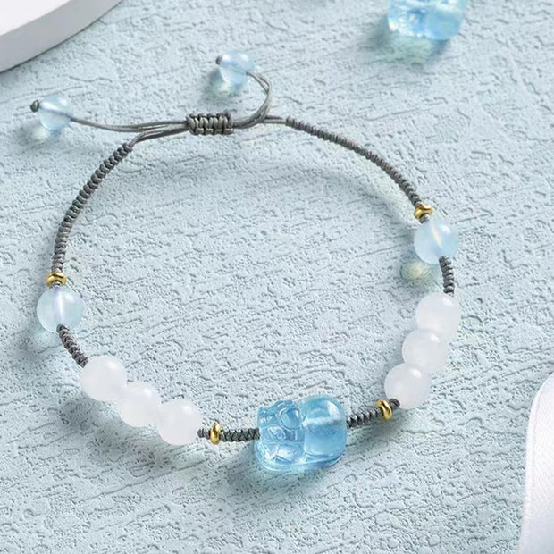 Buddha Stones Natural Aquamarine PiXiu Hetian White Jade Healing Bracelet