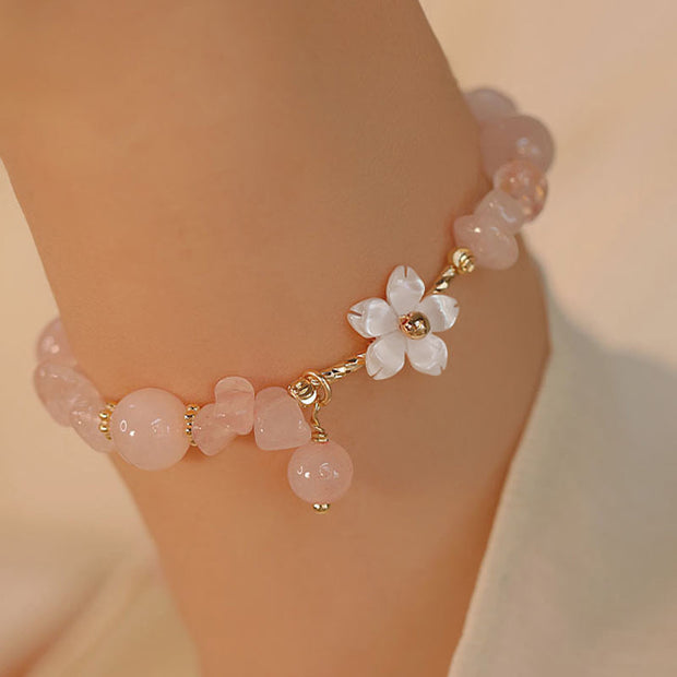 Buddha Stones 14k Gold Plated Natural Pink Crystal Flower Love Bracelet Bracelet BS 1