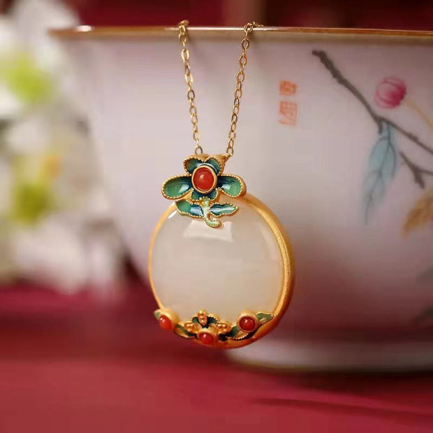 Buddha Stones White Jade Red Agate Flower Blessing Luck Necklace Pendant Necklaces & Pendants BS 1