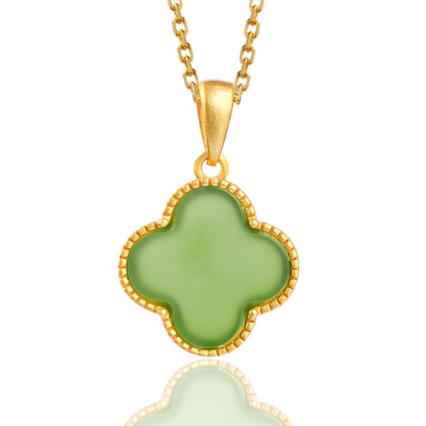 Buddha Stones 925 Sterling Silver Natural Hetian Jade Luck Four Leaf Clover Necklace Pendant Necklaces & Pendants BS 1