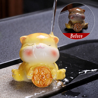 Buddha Stones Color Changing Cute Mini Cat Resin Tea Pet Wealth Home Figurine Decoration Decorations BS Yellow Cat 6.2*5.9*5.1cm
