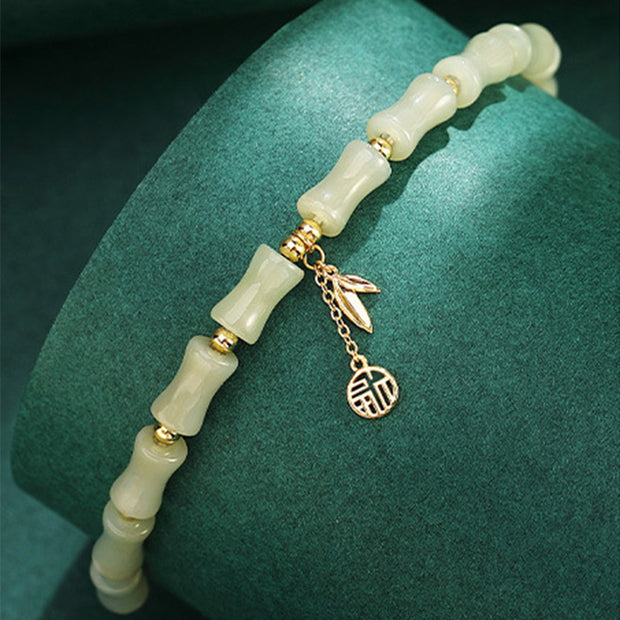 Buddha Stones 925 Sterling Silver Hetian Jade Bamboo Fu Character Prosperity Necklace Pendant Bracelet