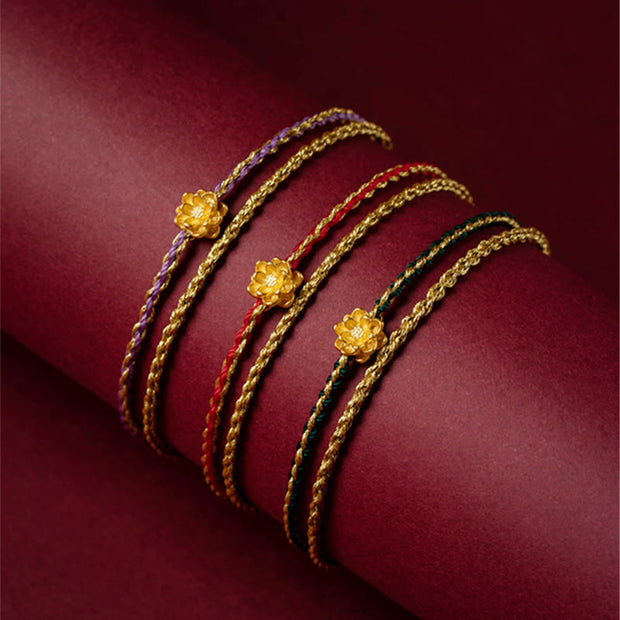 Buddha Stones 999 Gold Lotus Handmade Blessing Braid String Double Layer Bracelet