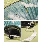 Buddha Stones Vintage Blue White Crane Pattern Handheld Silk Bamboo Folding Fan