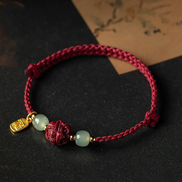 Buddha Stones Natural Cinnabar Chinese Zodiac Hetian Jade Fu Character Luck Rope Bracelet Bracelet BS 9
