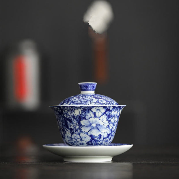 Buddha Stones Vintage Blue And White Porcelain Ceramic Gaiwan Sancai Teacup Kung Fu Tea Cup And Saucer With Lid