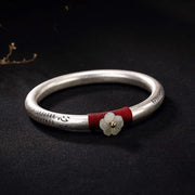 Buddha Stones 999 Sterling Silver Hetian Jade Plum Blossom Heart Sutra Red String Luck Bracelet Bangle Bracelet Bangle BS 5