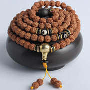 Buddha Stones 108 Mala Beads Rudraksha Bodhi Seed Dzi Bead Luck Wealth Bracelet Mala Bracelet BS 7