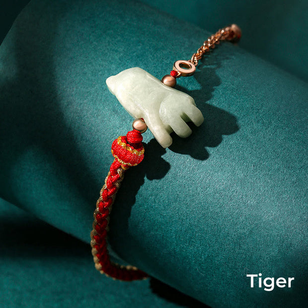 Buddha Stones 925 Sterling Silver Year of the Dragon Chinese Zodiac Jade Luck String Chain Bracelet Bracelet BS Tiger(Wrist Circumference 14-15cm)