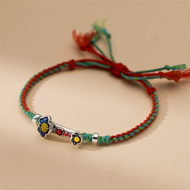 Buddha Stones 999 Sterling Silver Ruyi Handle Fu Character Handmade Luck Braided Bracelet