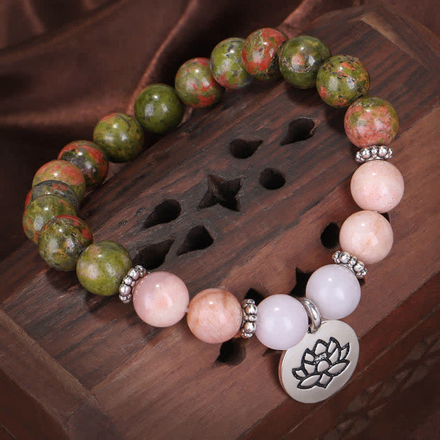 Buddha Stones Natural Unakite Rose Quartz Crystal Sun Stone Lotus Wealth Bracelet