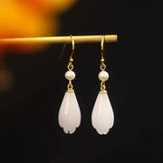 Buddha Stones 925 Sterling Silver White Jade Magnolia Flower Happiness Drop Earrings Earrings BS 4