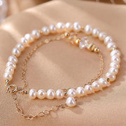 Buddha Stones 925 Sterling Silver 14K Gold Plated Natural Pearl Crystal Healing Double Layer Bracelet