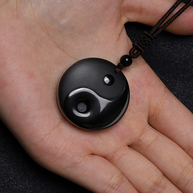 Buddha Stones Black Obsidian Taoism Five Sacred Mountains Nine-Character Mantra Carved Purification Yin Yang Necklace Pendant Necklaces & Pendants BS 5