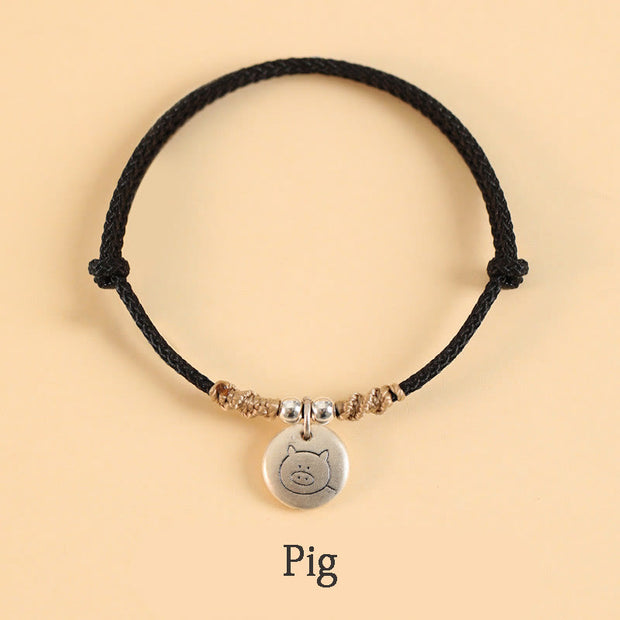 Buddha Stones Handmade 999 Sterling Silver Year of the Dragon Cute Chinese Zodiac Luck Braided Bracelet Bracelet BS Black Rope Pig(Wrist Circumference 14-17cm)